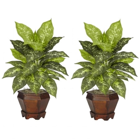 Nearly Natural Dieffenbachia with Wood Vase Silk Plant -Set of 2, 2PK 6712-S2-VR